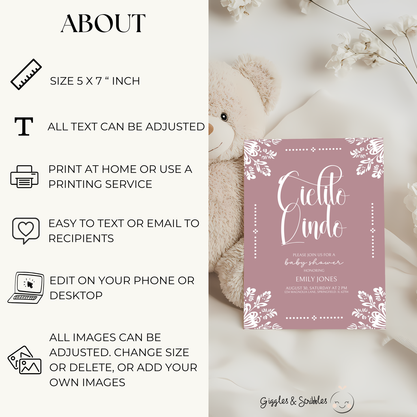 Baby Shower Invitation - Cielito Lindo Pink Mauve BS50