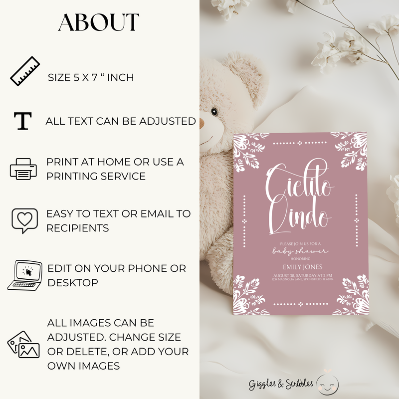 Baby Shower Invitation - Cielito Lindo Pink Mauve BS50