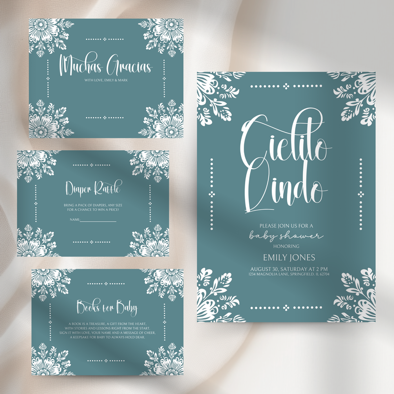Baby Shower Invitation Bundle - Cielito Lindo Teal Blue Mexican Style BS53