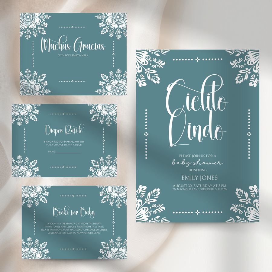 Baby Shower Invitation Bundle - Cielito Lindo Teal Blue Mexican Style BS53
