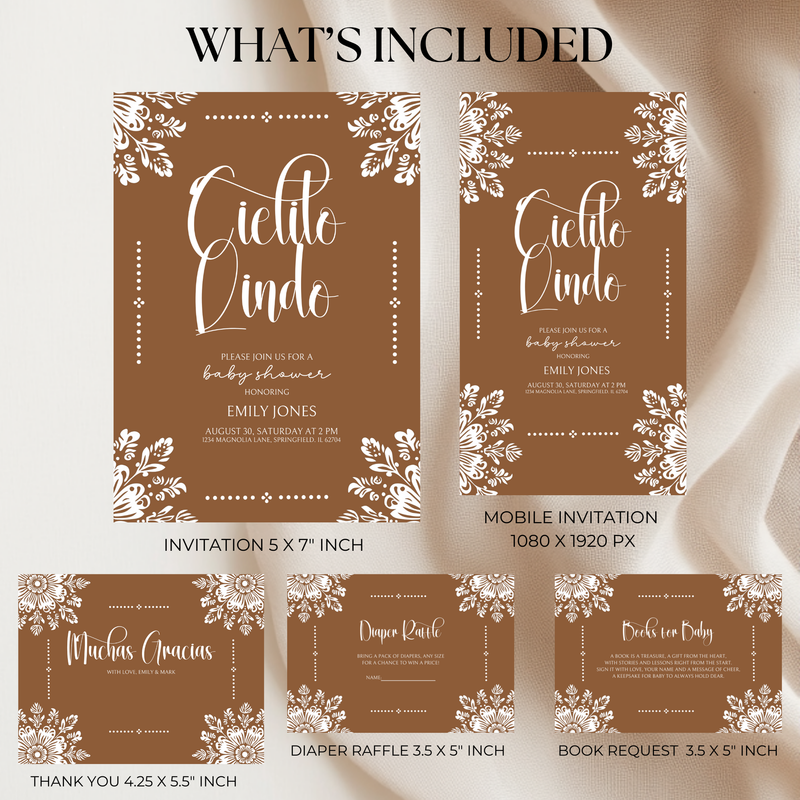 Baby Shower Invitation Bundle - Cielito Lindo Brown Mexican Style BS54