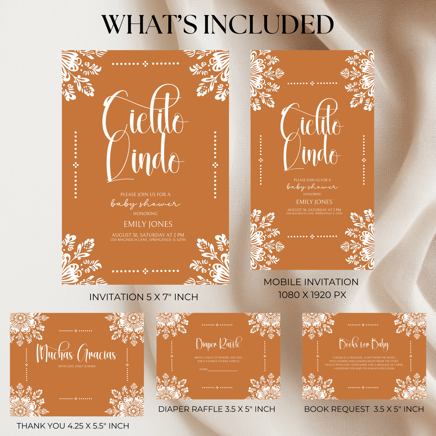 Baby Shower Invitation Bundle - Cielito Lindo Terracotta Orange Brown Mexican Style BS54