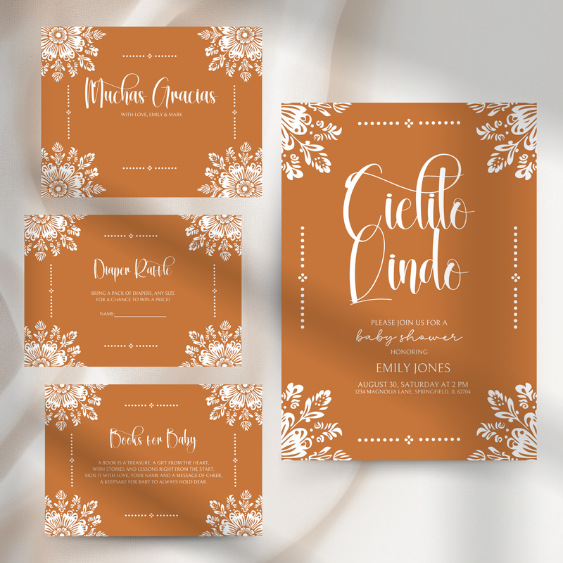 Baby Shower Invitation Bundle - Cielito Lindo Terracotta Orange Brown Mexican Style BS54
