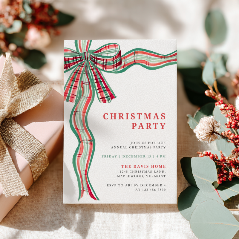 Green Red Bow Traditional Christmas Party Invitation Template L57