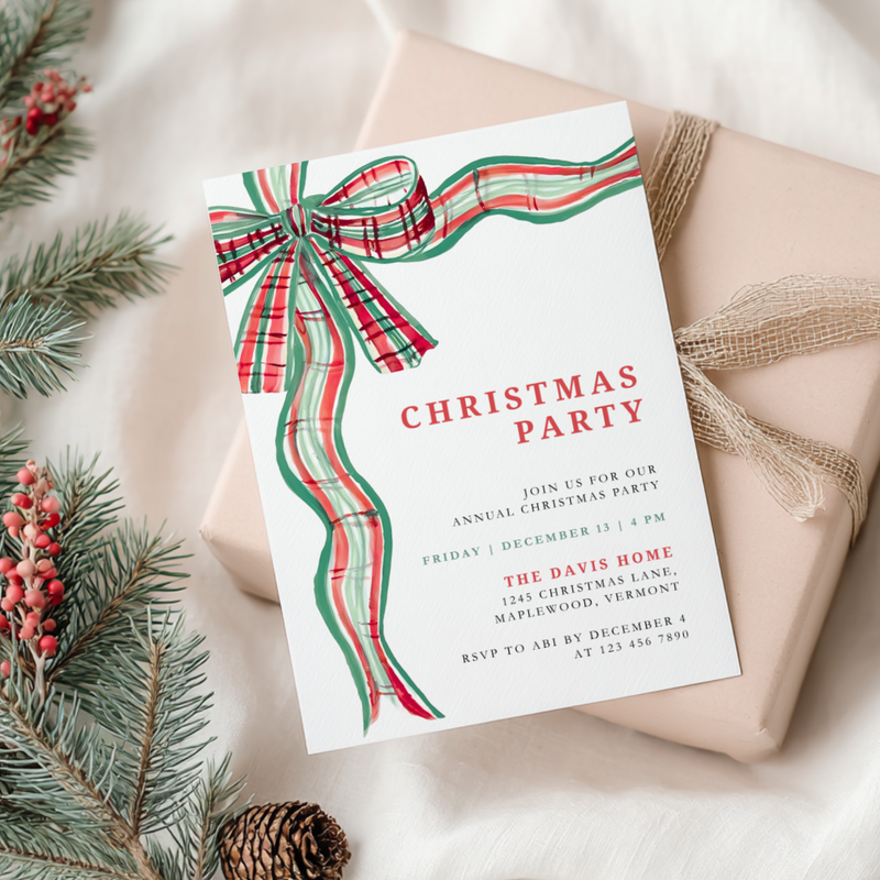 Green Red Bow Traditional Christmas Party Invitation Template L57