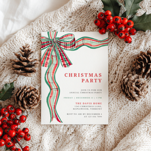 Green Red Bow Traditional Christmas Party Invitation Template L57