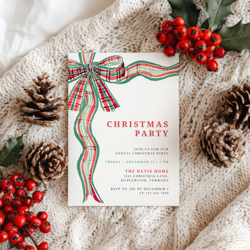Green Red Bow Traditional Christmas Party Invitation Template L57