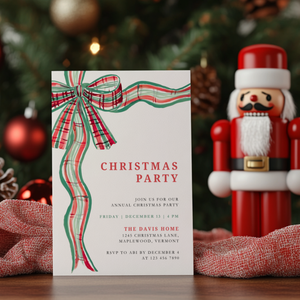 Green Red Bow Traditional Christmas Party Invitation Template L57