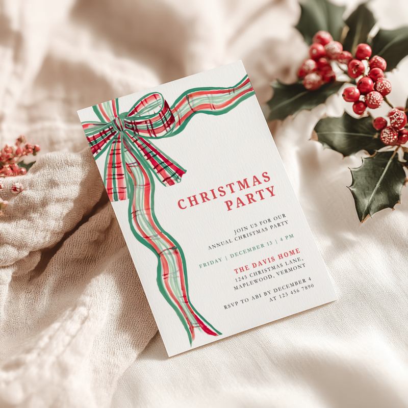 Green Red Bow Traditional Christmas Party Invitation Template L57