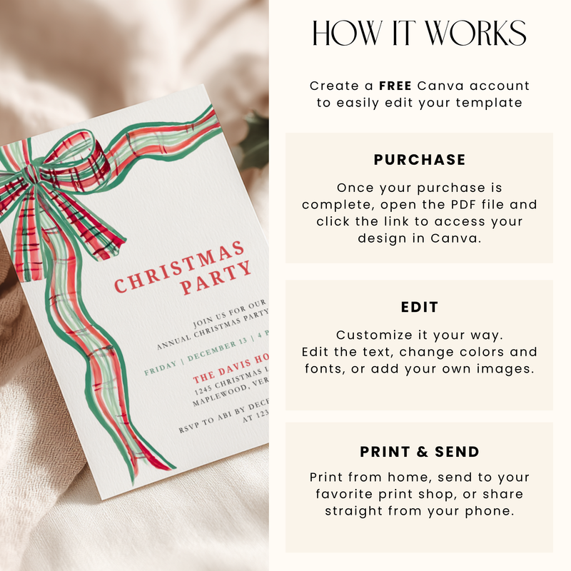 Green Red Bow Traditional Christmas Party Invitation Template L57