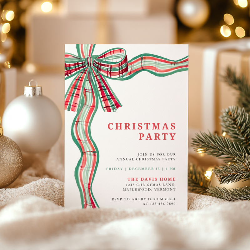 Green Red Bow Traditional Christmas Party Invitation Template L57