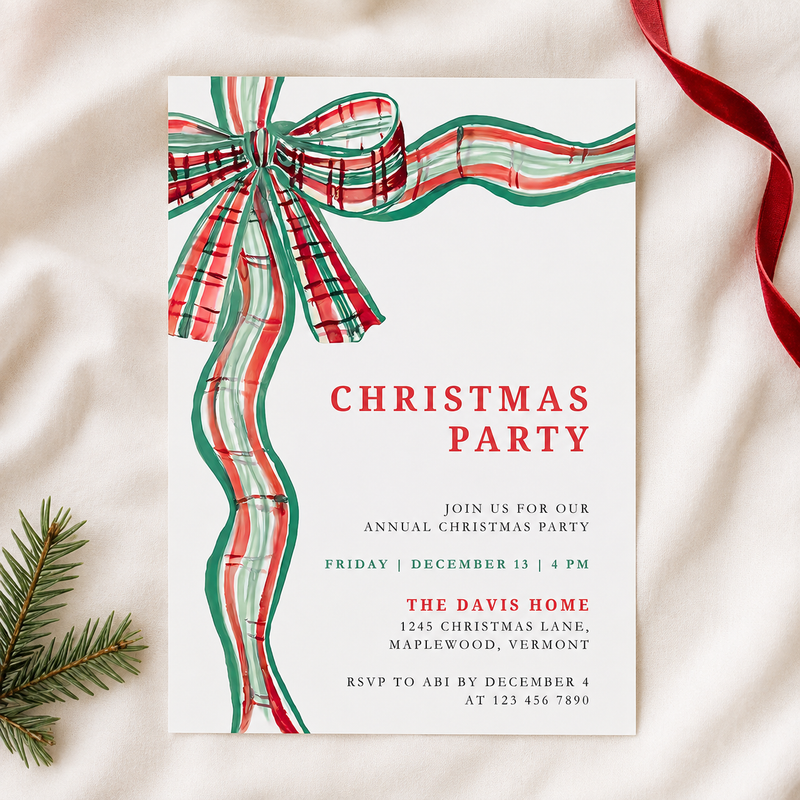 Green Red Bow Traditional Christmas Party Invitation Template L57