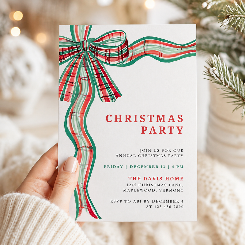 Green Red Bow Traditional Christmas Party Invitation Template L57