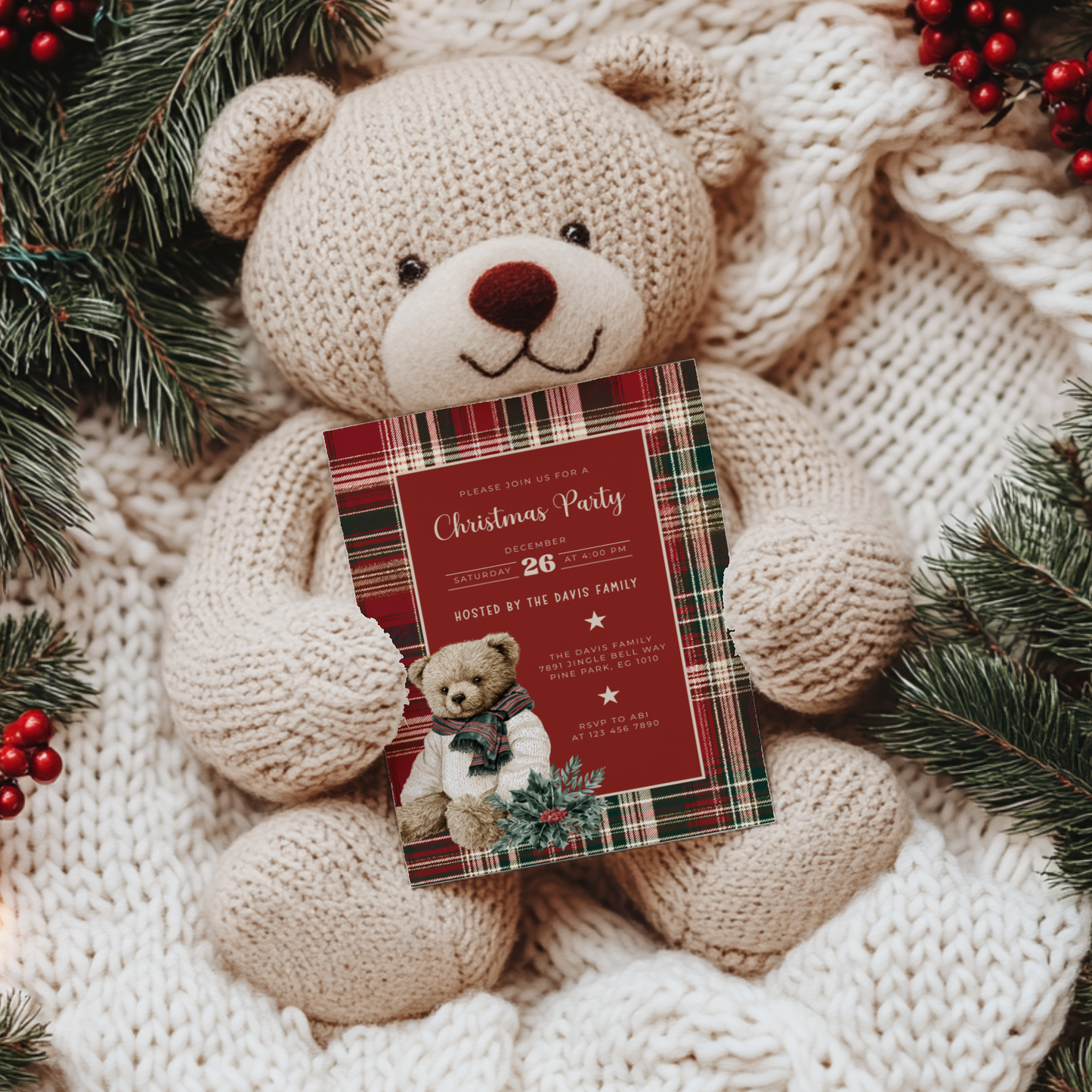Classic Christmas Polo Bear Invitation - Editable Template L60