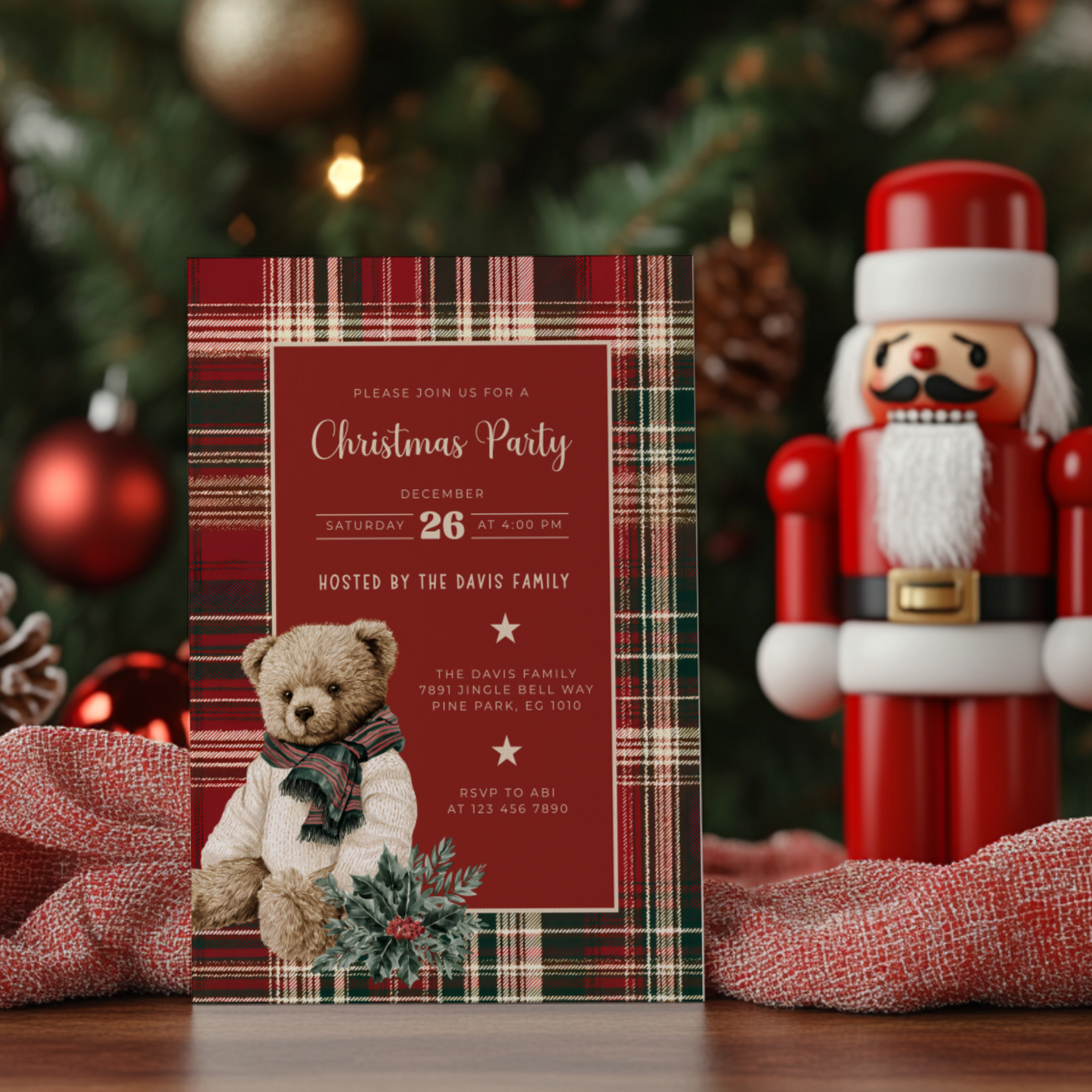 Classic Christmas Polo Bear Invitation - Editable Template L60