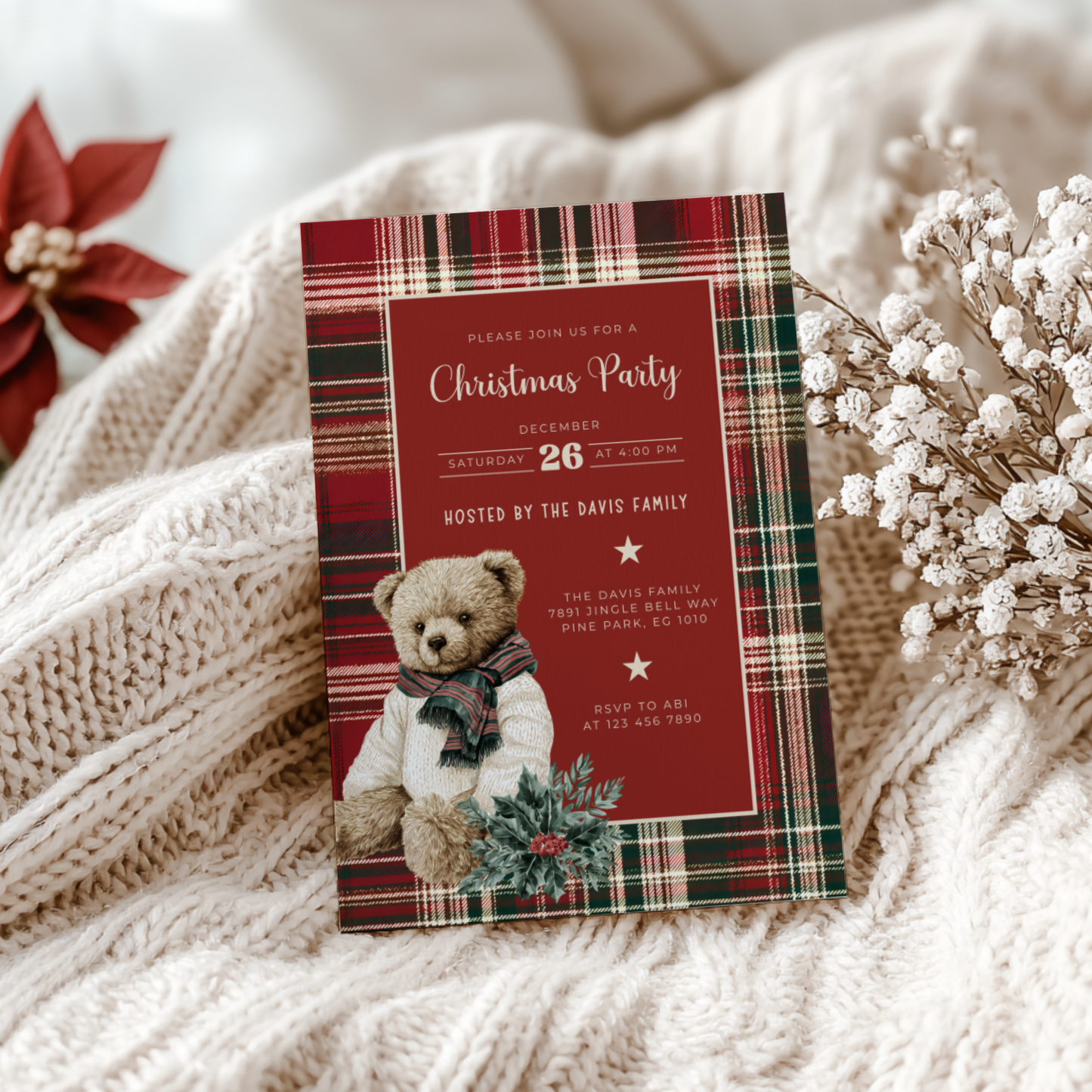 Classic Christmas Polo Bear Invitation - Editable Template L60