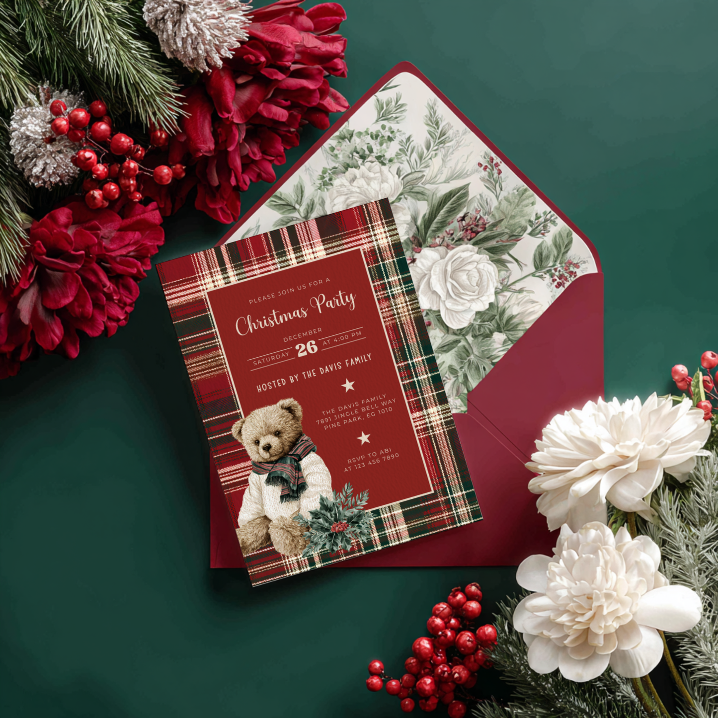 Classic Christmas Polo Bear Invitation - Editable Template L60