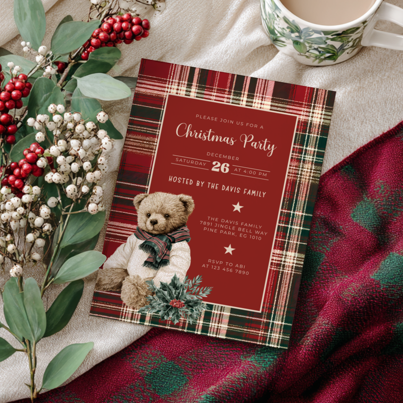 Classic Christmas Polo Bear Invitation - Editable Template L60