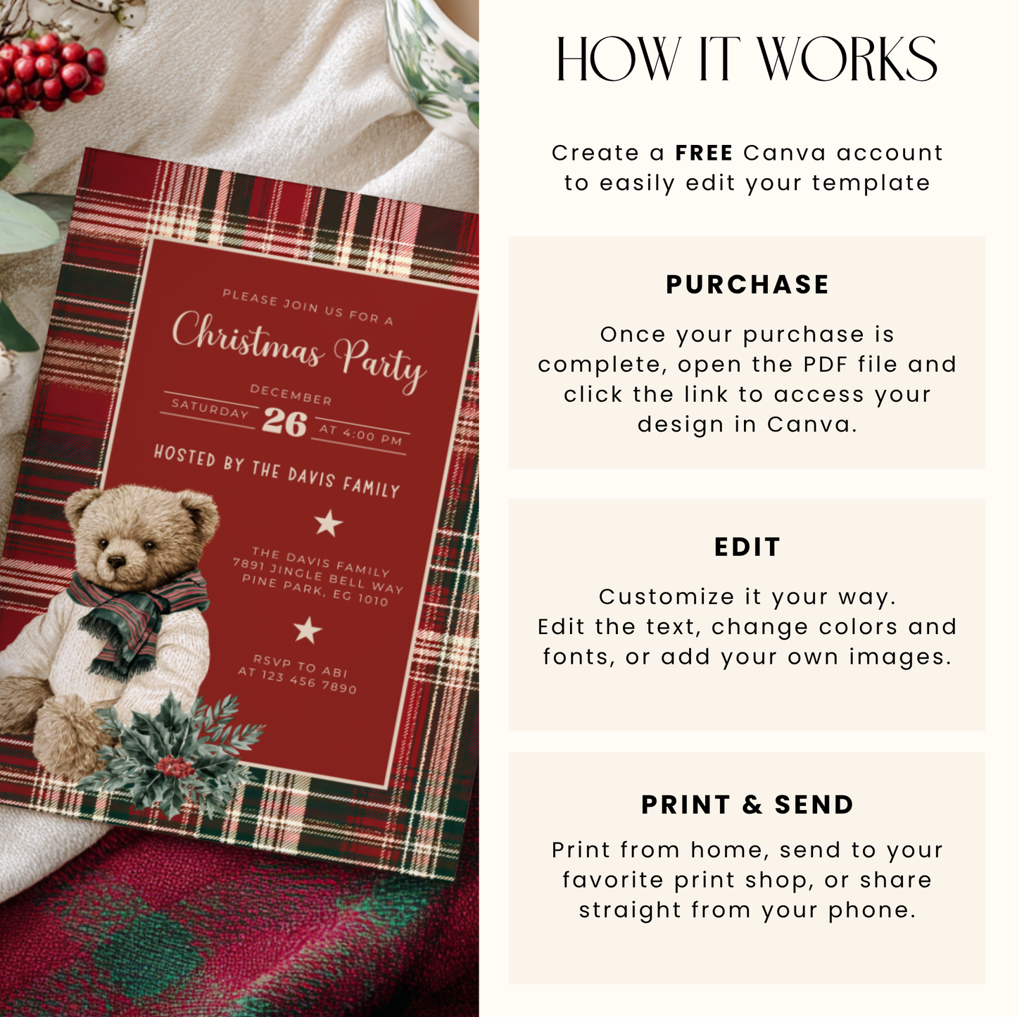 Classic Christmas Polo Bear Invitation - Editable Template L60