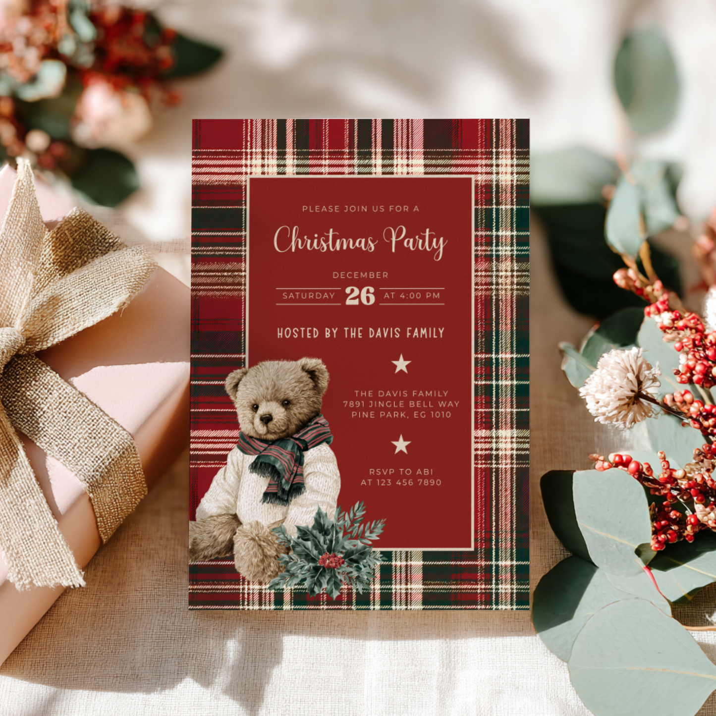 Classic Christmas Polo Bear Invitation - Editable Template L60