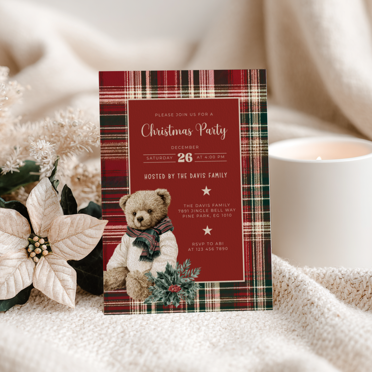 Classic Christmas Polo Bear Invitation - Editable Template L60