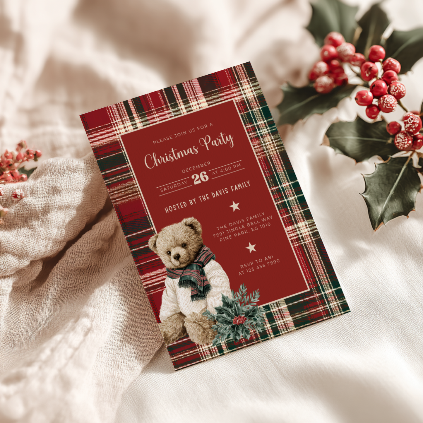 Classic Christmas Polo Bear Invitation - Editable Template L60