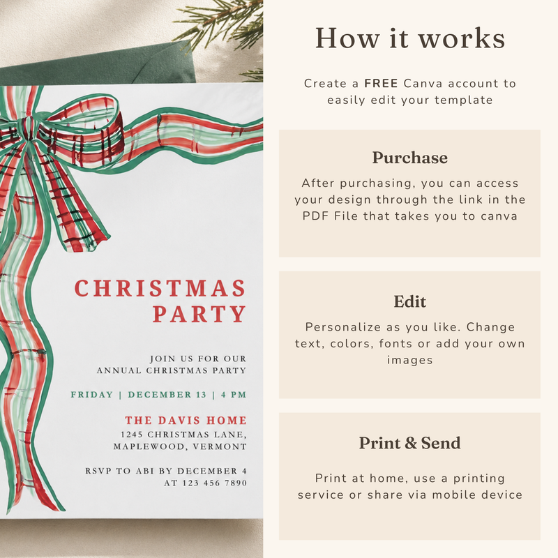 Green Red Bow Traditional Christmas Party Invitation Template L57