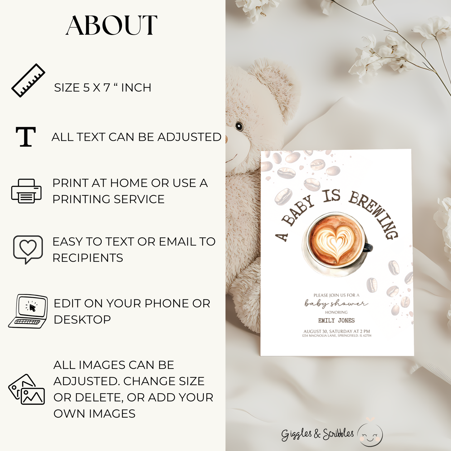 Baby Shower Invitation - Coffee Bean Baby is Brewing BS61