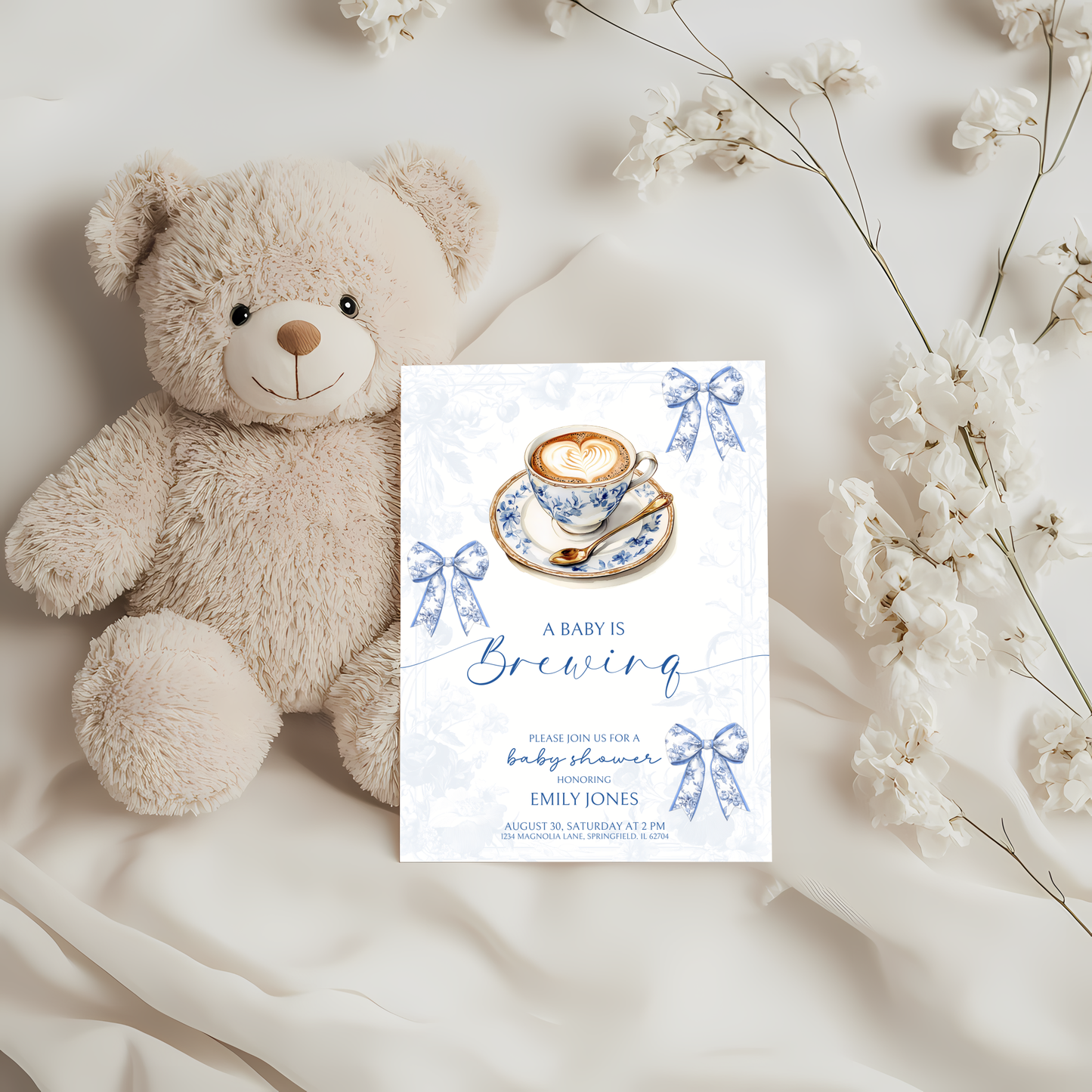 Baby Shower Invitation - Baby is Brewing Coffee Bean Coquette Toile de Jouy BS62