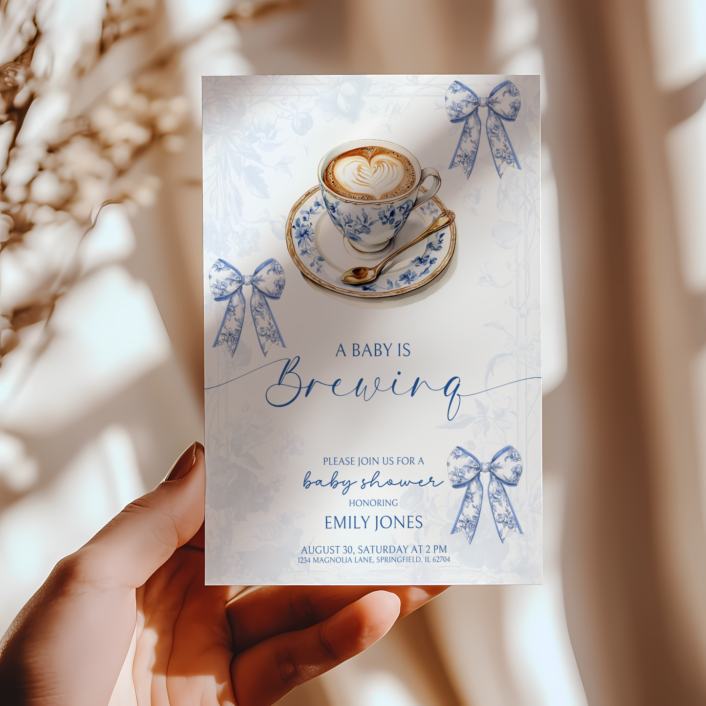 Baby Shower Invitation - Baby is Brewing Coffee Bean Coquette Toile de Jouy BS62