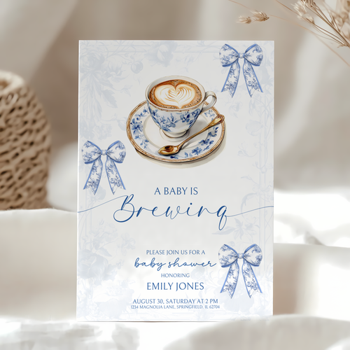 Baby Shower Invitation - Baby is Brewing Coffee Bean Coquette Toile de Jouy BS62