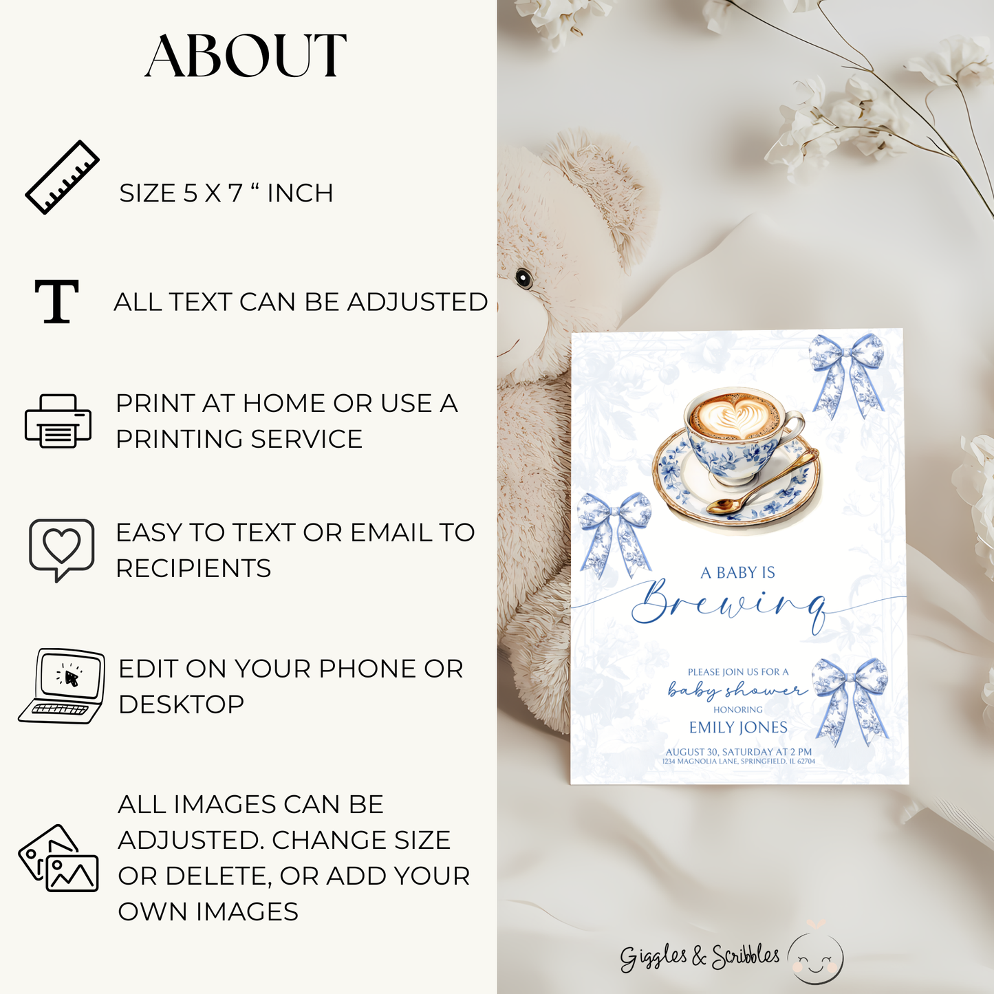 Baby Shower Invitation - Baby is Brewing Coffee Bean Coquette Toile de Jouy BS62