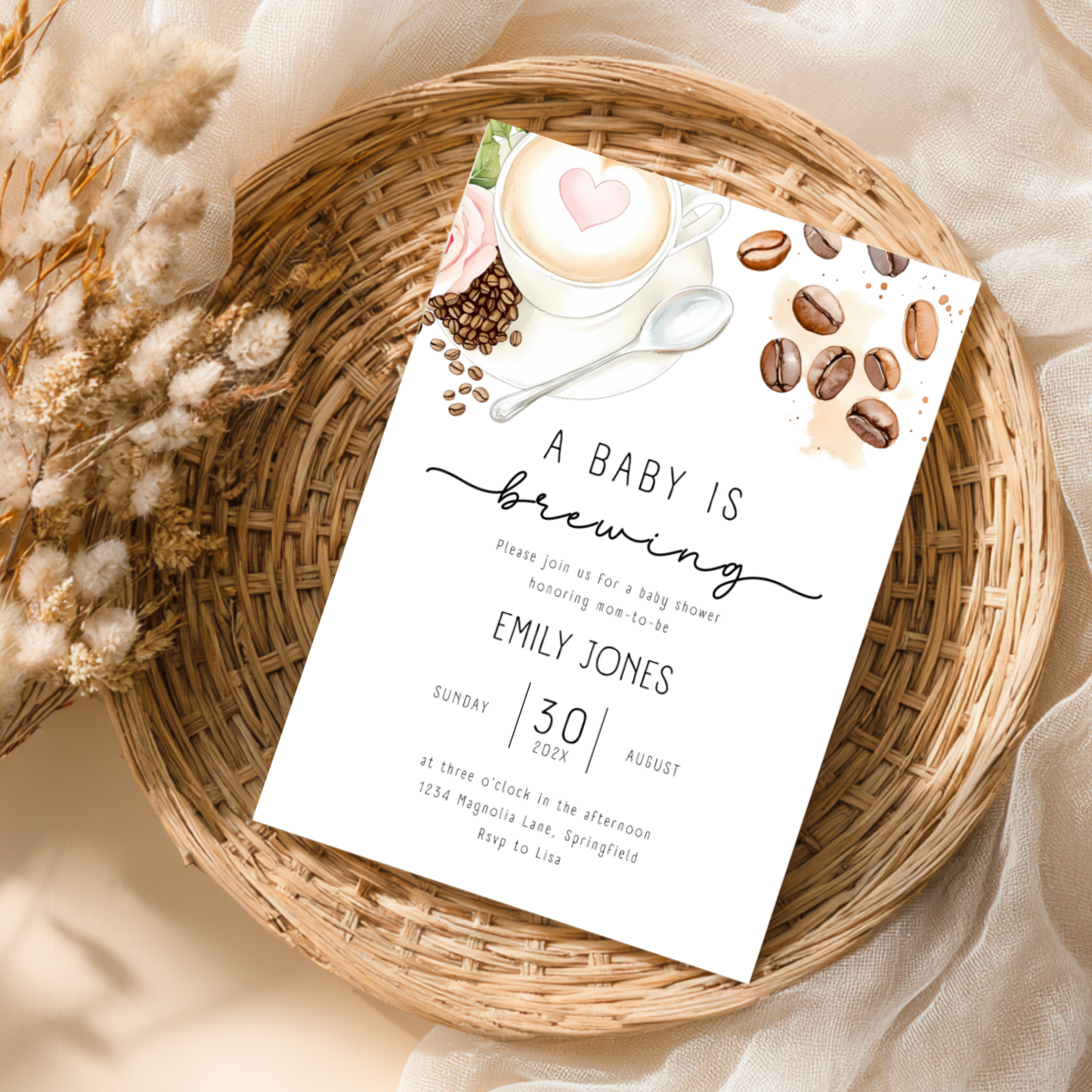 Baby Shower Invitation - Coffee Bean A Baby Is Brewing Latte Art BS183