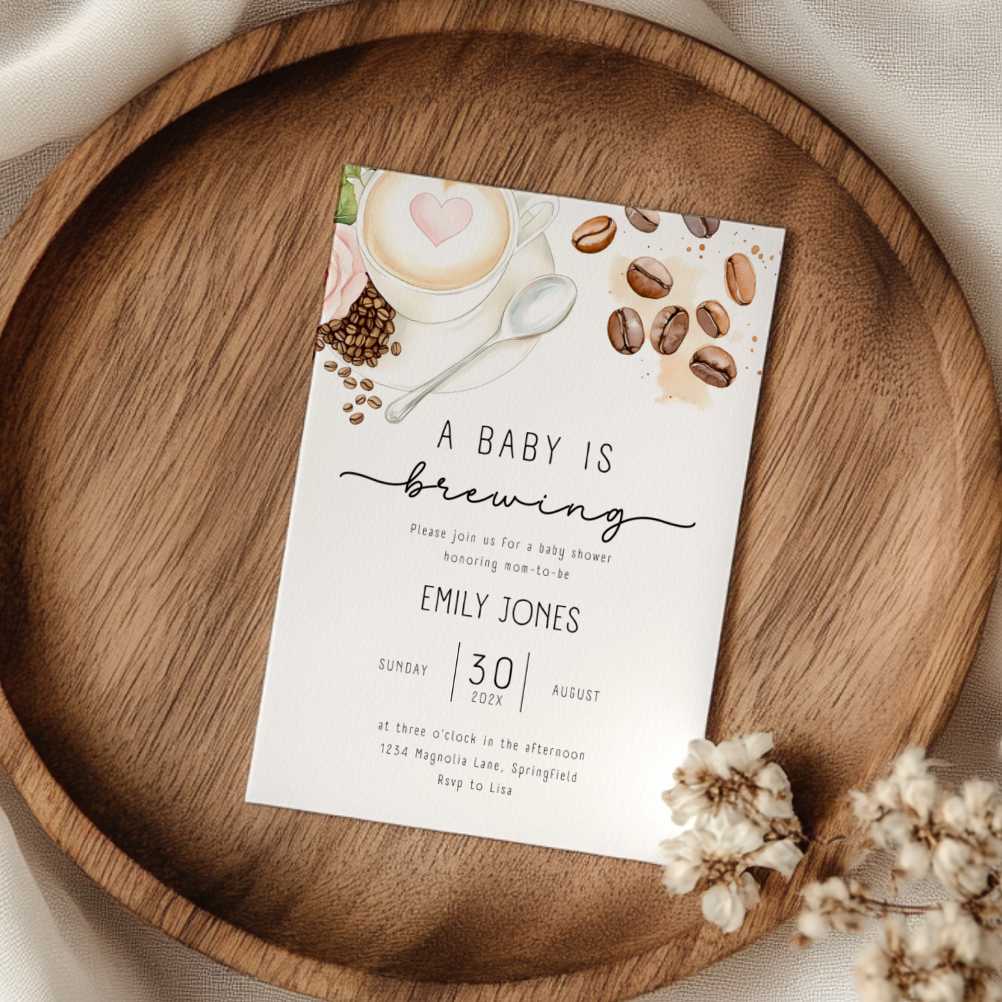Baby Shower Invitation - Coffee Bean A Baby Is Brewing Latte Art BS183