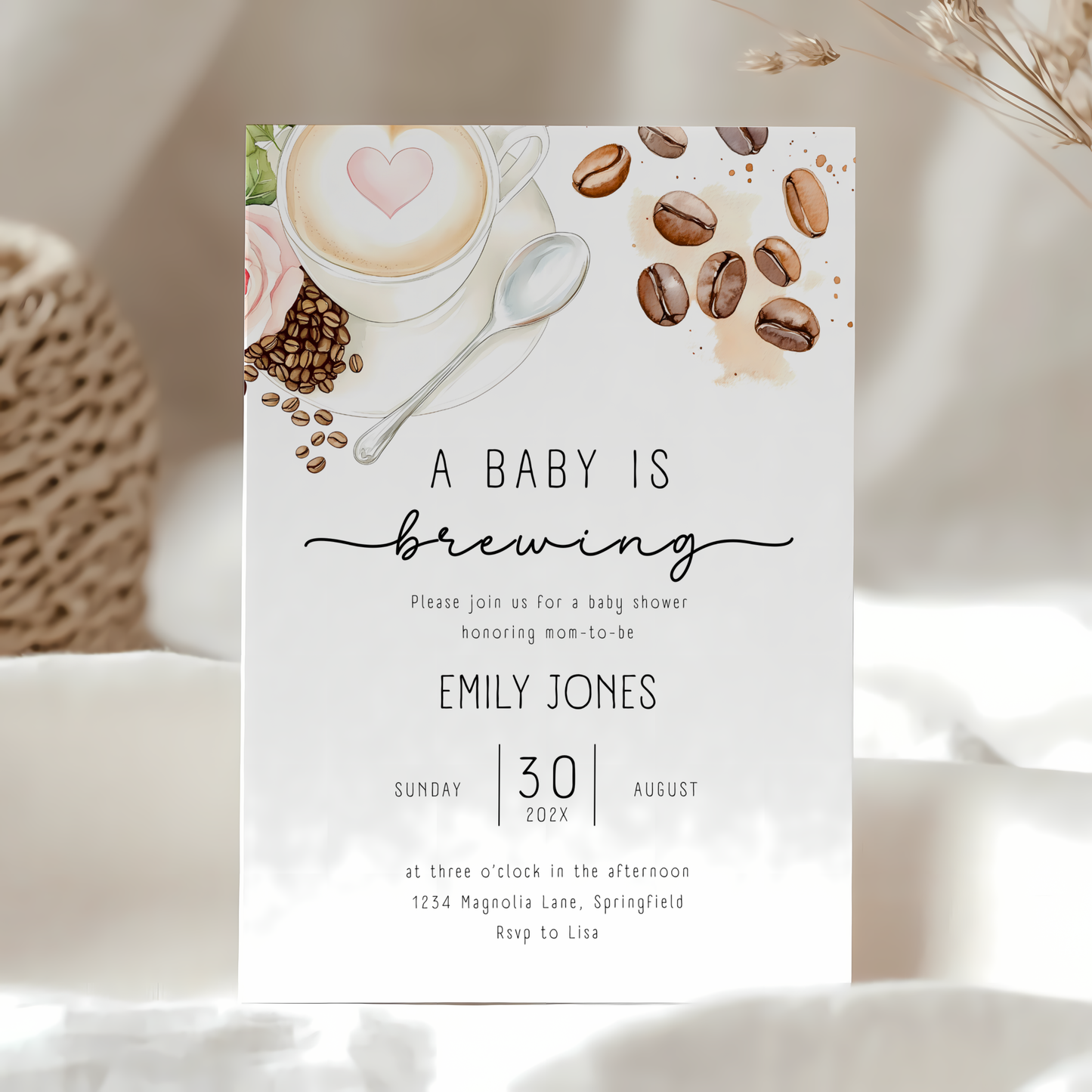 Baby Shower Invitation - Coffee Bean A Baby Is Brewing Latte Art BS183