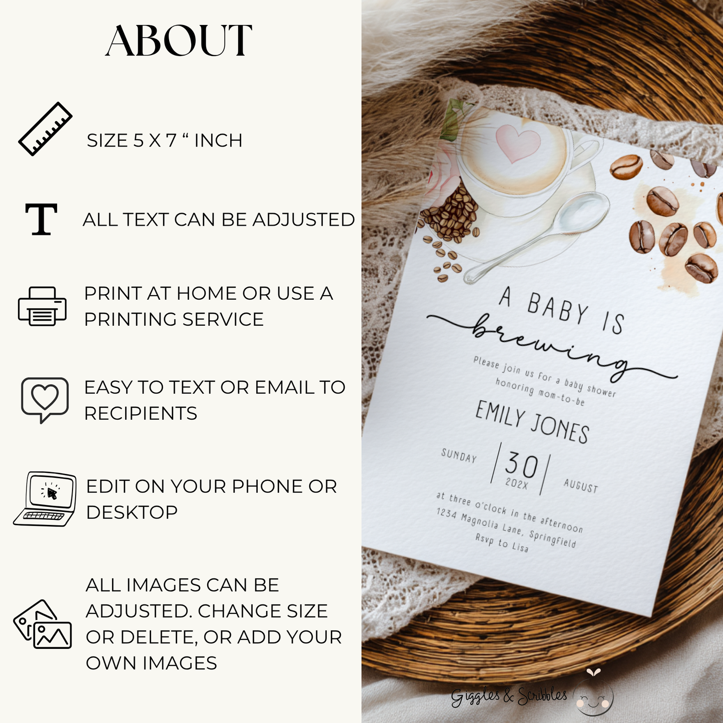 Baby Shower Invitation - Coffee Bean A Baby Is Brewing Latte Art BS183