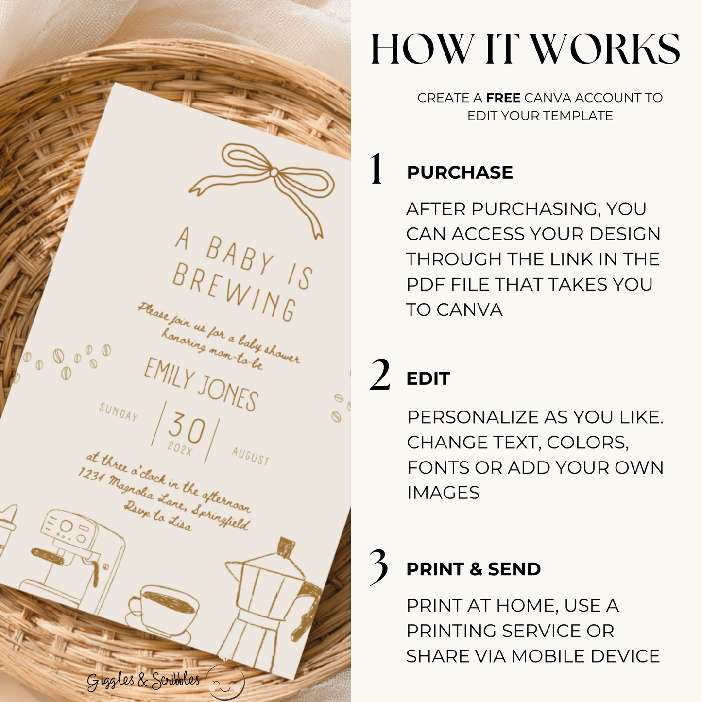 Baby Shower Invitation - A Baby Is Brewing Beige Coffee Theme BS182