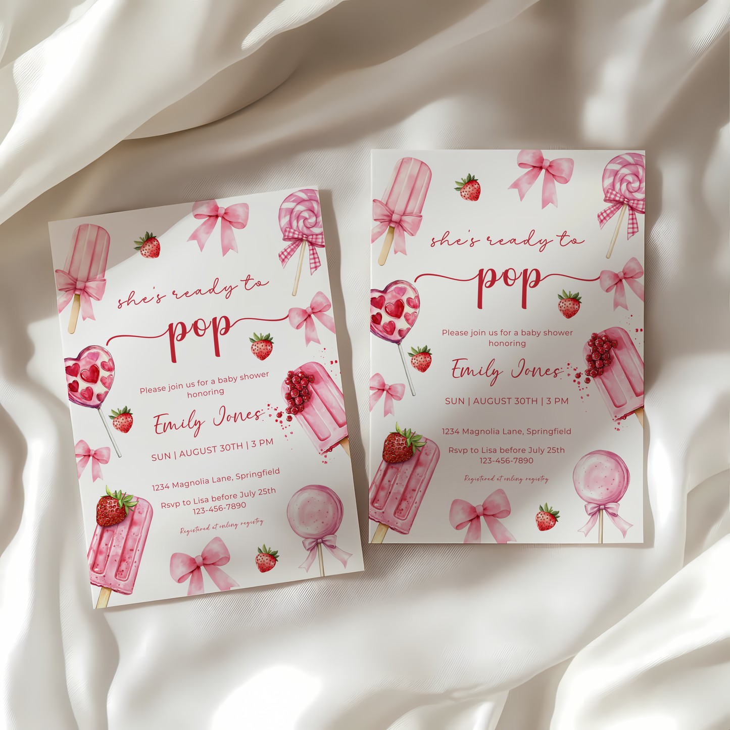 Baby Shower Invitation - Pink Popsicle Berry Sweet Candy Coquette Bow She's Ready To Pop BS144