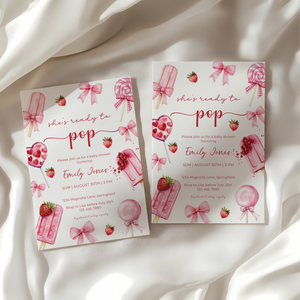 Baby Shower Invitation - Pink Popsicle Berry Sweet Candy Coquette Bow She's Ready To Pop BS144