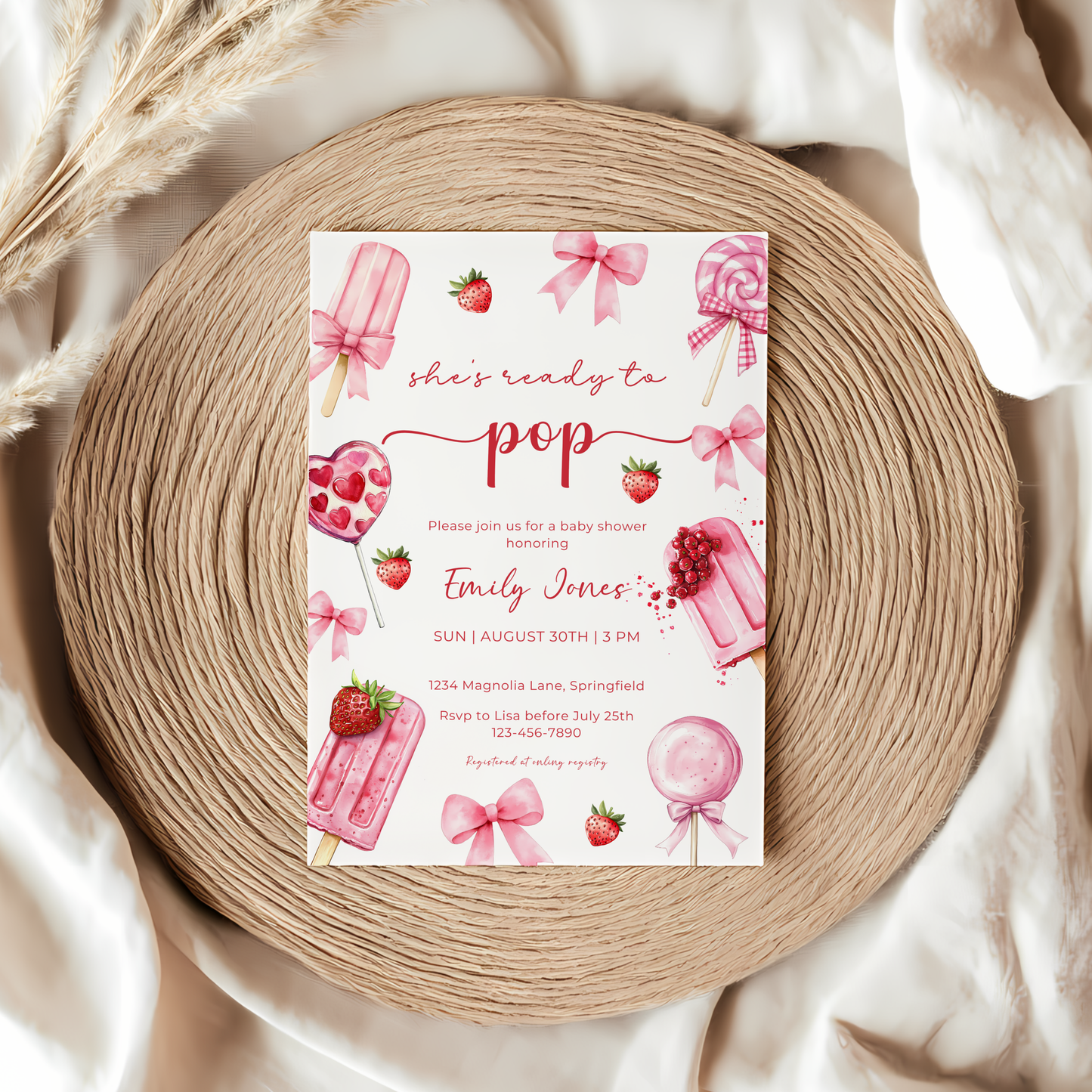 Baby Shower Invitation - Pink Popsicle Berry Sweet Candy Coquette Bow She's Ready To Pop BS144