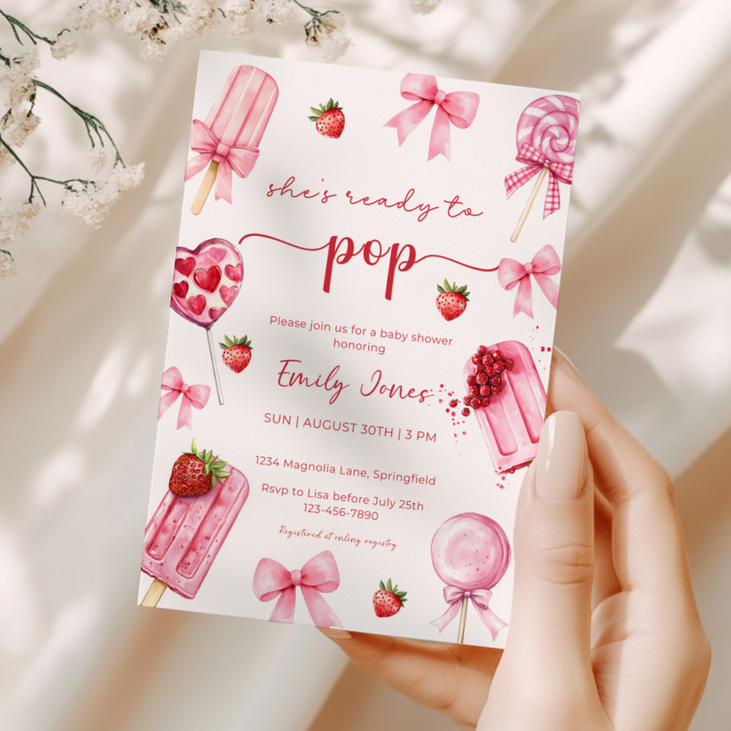 Baby Shower Invitation - Pink Popsicle Berry Sweet Candy Coquette Bow She's Ready To Pop BS144