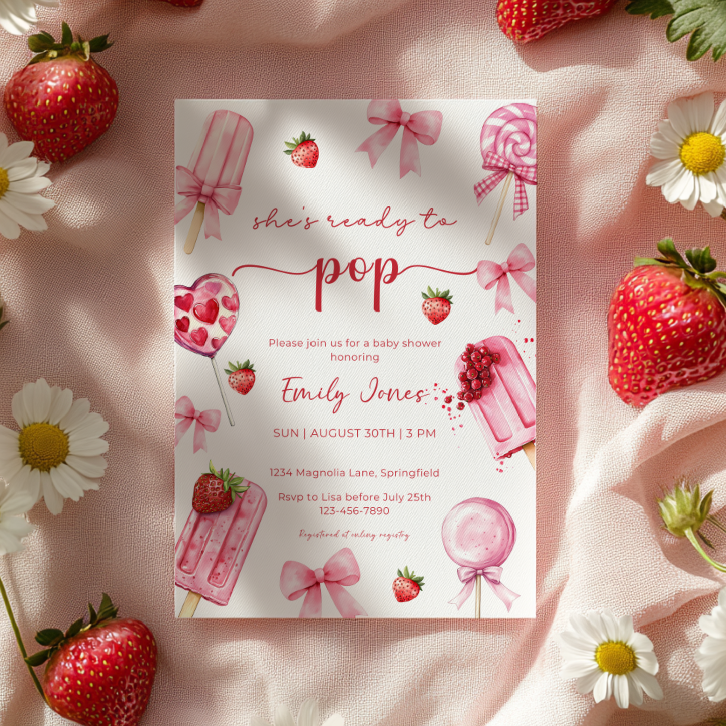 Baby Shower Invitation - Pink Popsicle Berry Sweet Candy Coquette Bow She's Ready To Pop BS144