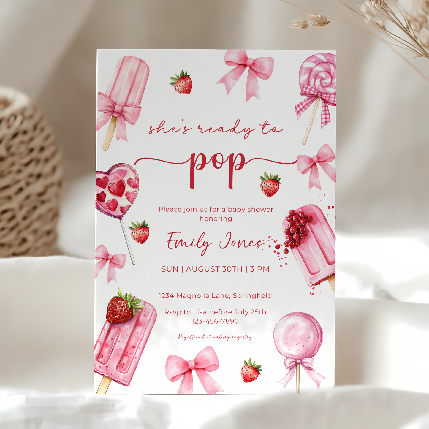 Baby Shower Invitation - Pink Popsicle Berry Sweet Candy Coquette Bow She's Ready To Pop BS144