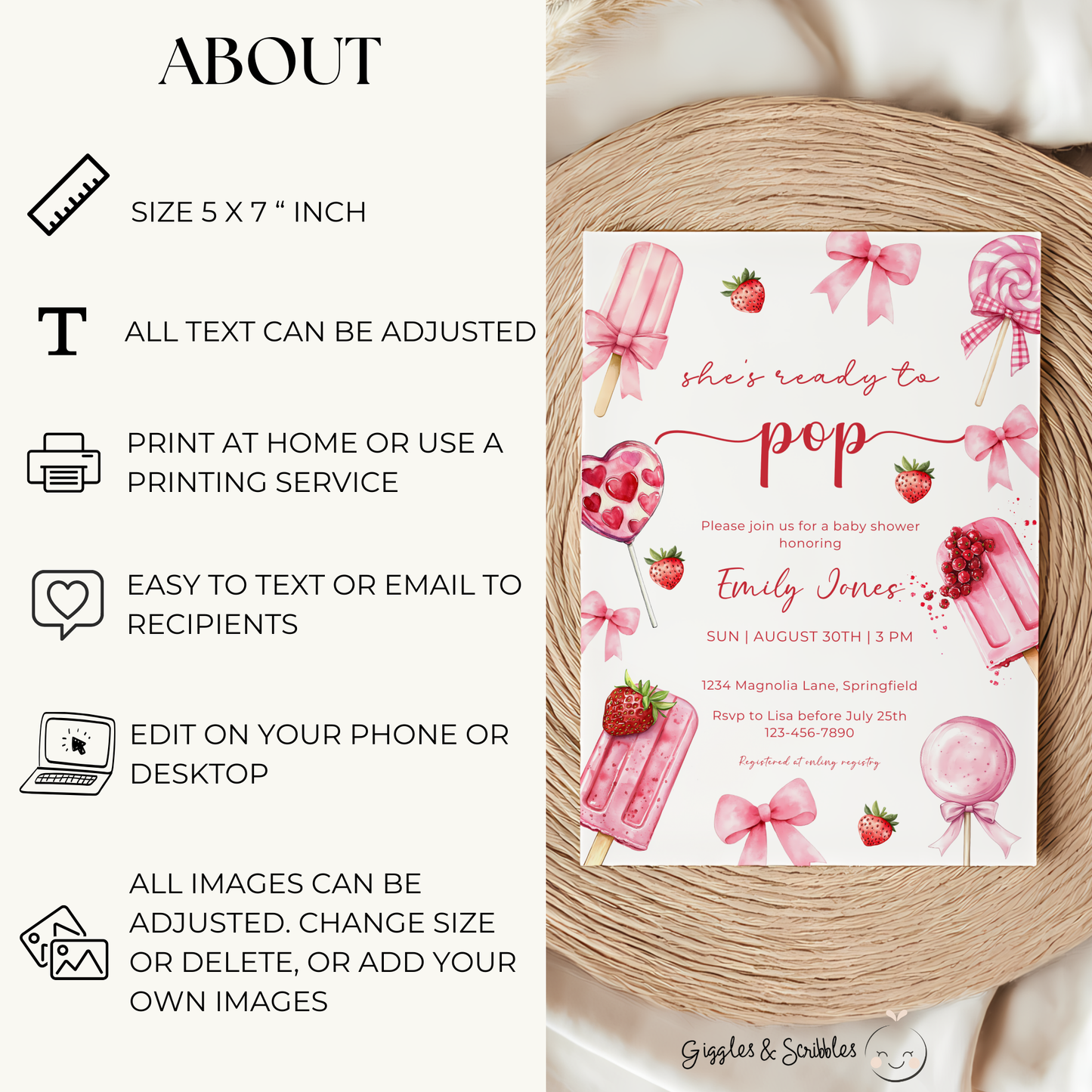 Baby Shower Invitation - Pink Popsicle Berry Sweet Candy Coquette Bow She's Ready To Pop BS144
