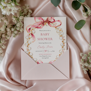 Baby Shower Invitation - Pink Coquette Bows with Pearls BS162