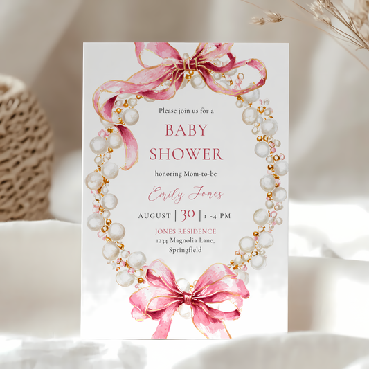 Baby Shower Invitation - Pink Coquette Bows with Pearls BS162
