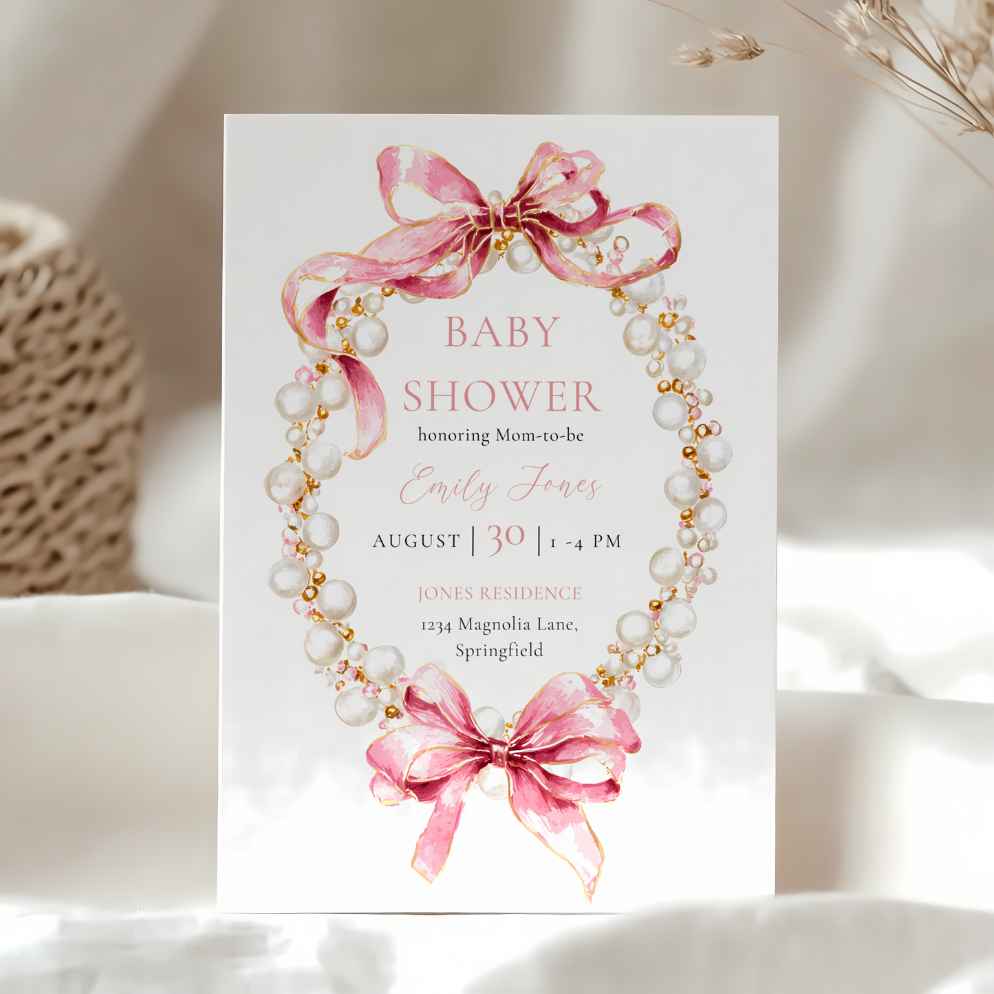 Baby Shower Invitation - Pink Coquette Bows with Pearls BS162