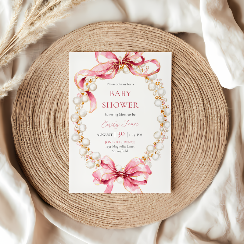 Baby Shower Invitation - Pink Coquette Bows with Pearls BS162