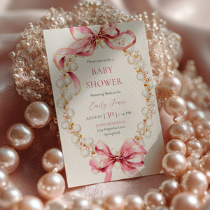 Baby Shower Invitation - Pink Coquette Bows with Pearls BS162