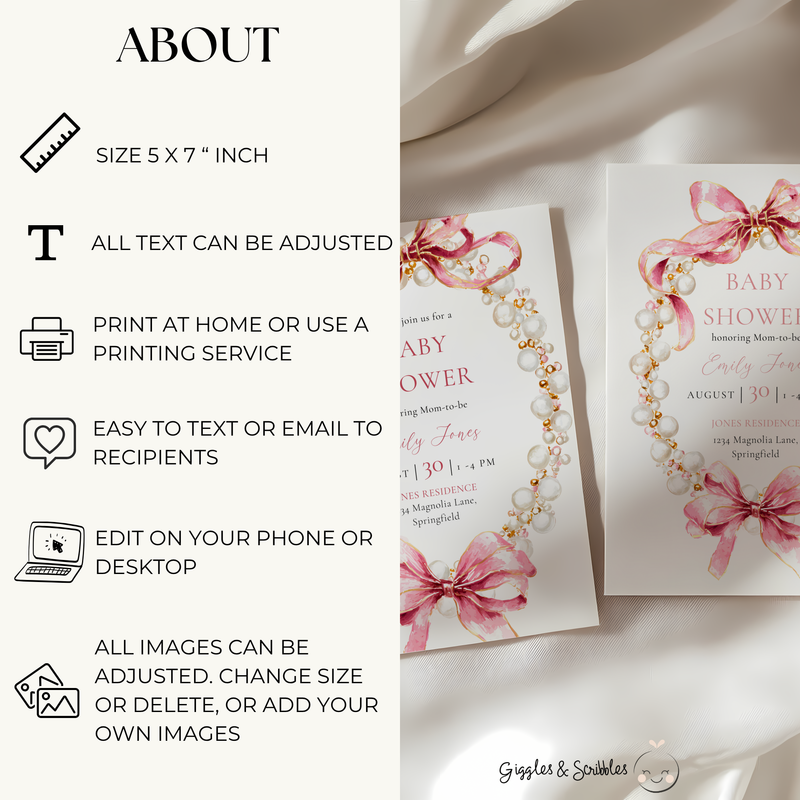 Baby Shower Invitation - Pink Coquette Bows with Pearls BS162